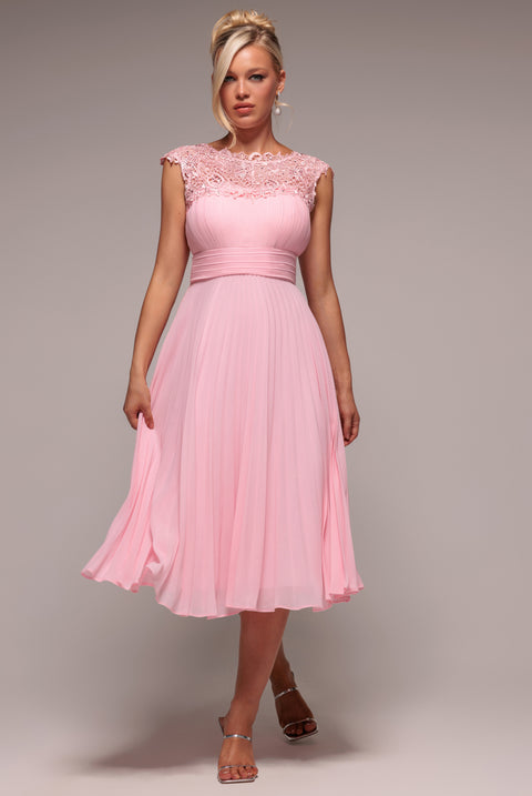 Crochet & Pleated Top Midi Dress - Blush Pink by Goddiva