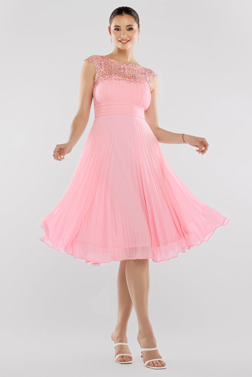 Crochet & Pleated Top Midi Dress - Blush Pink DR3821
