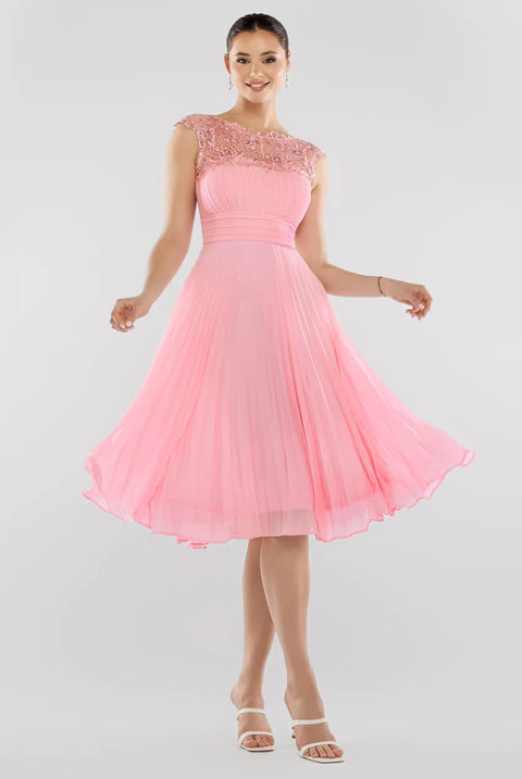 Crochet & Pleated Top Midi Dress - Blush Pink by Goddiva