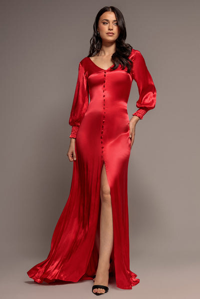 Red - Satin Viscose Front Split Maxi - Red by Goddiva