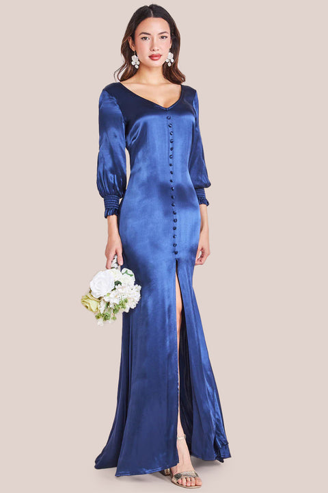 Satin Viscose Front Split Maxi - Navy by Goddiva