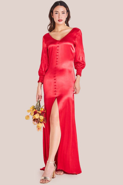 Red - Satin Viscose Front Split Maxi - Red by Goddiva