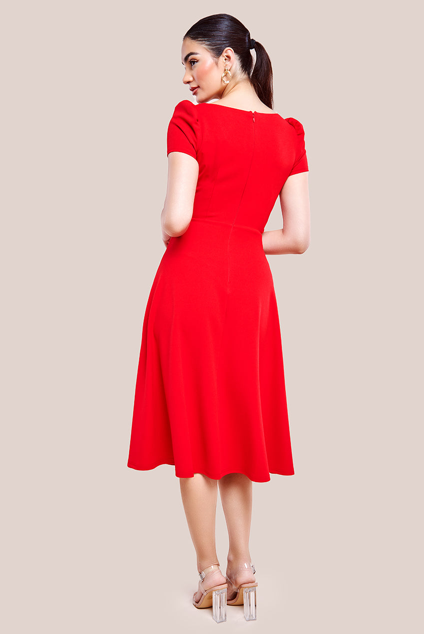 Front Frill Flared Scuba Midi Dress - Red DR3876