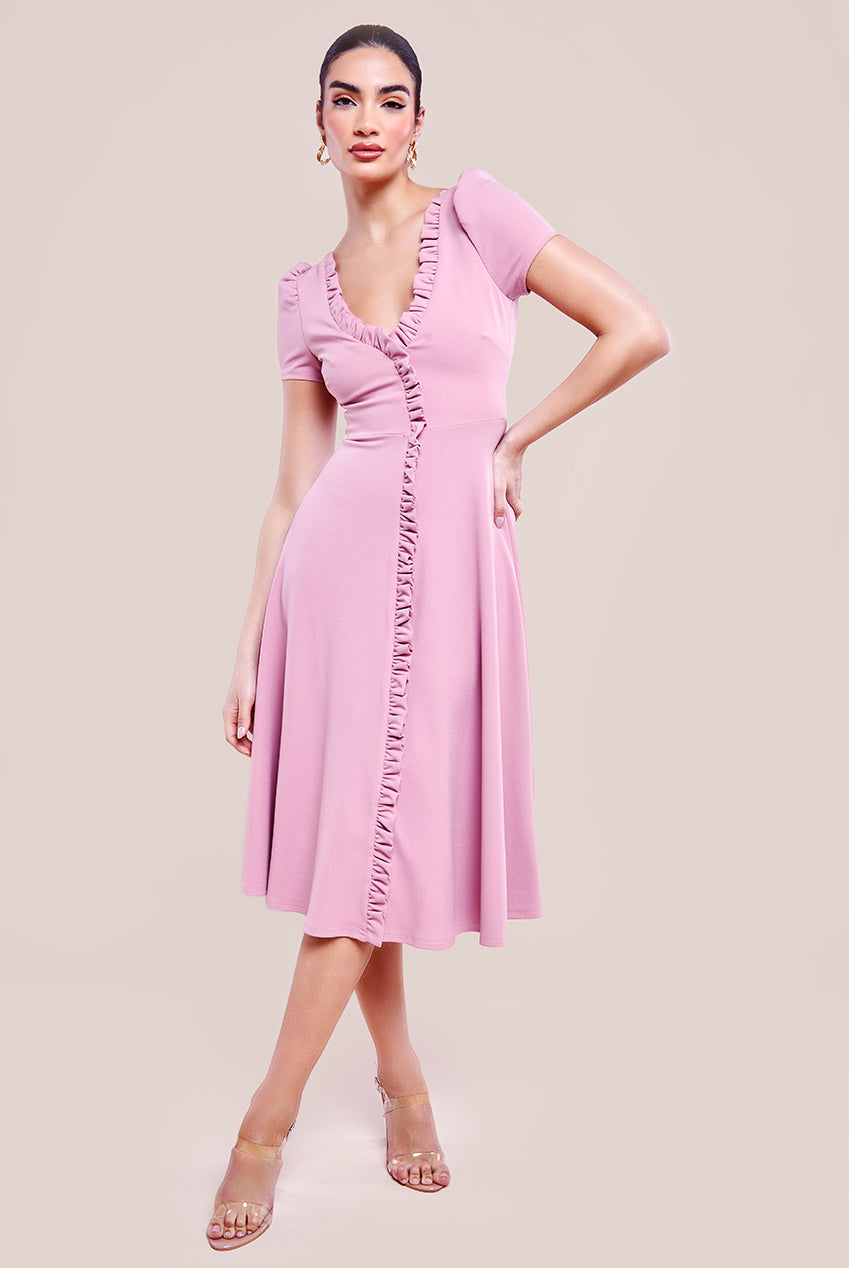 Front Frill Flared Scuba Midi Dress - Rose Pink DR3876