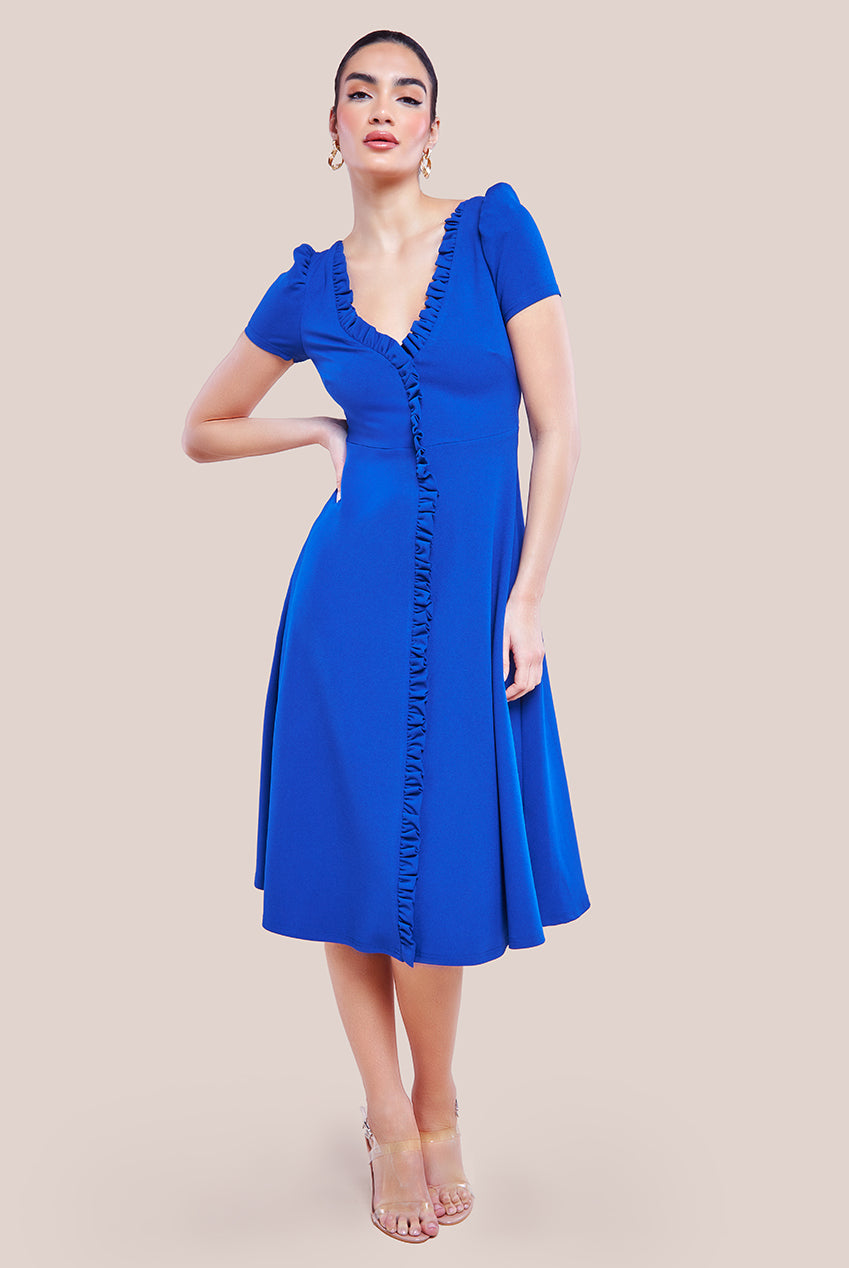 Front Frill Flared Scuba Midi Dress - Royal Blue DR3876