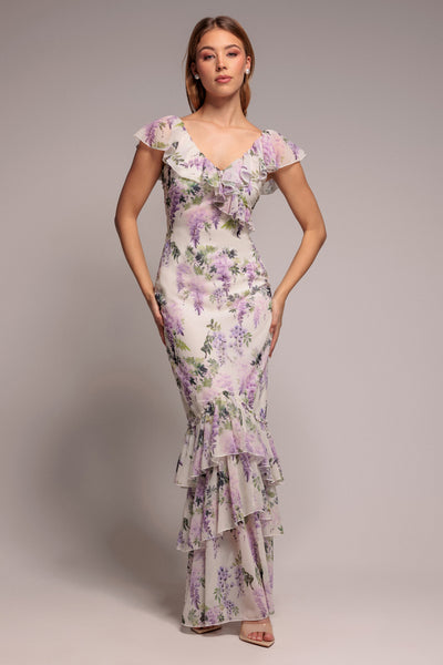 Multi - Printed Ruffle Neck & Hem Dress - Multi by Goddiva