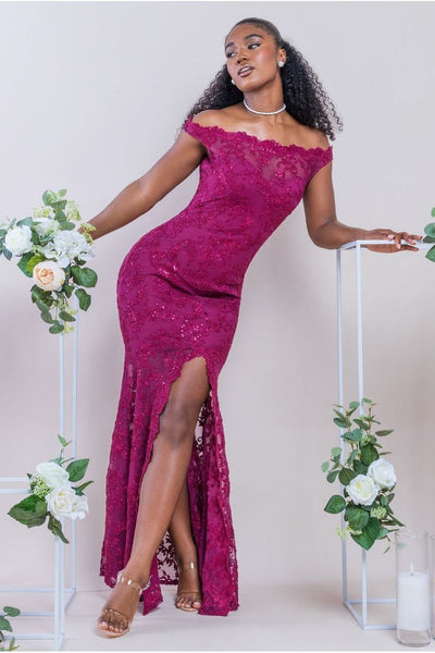 Burgundy - Lace Scallop Edge Mermaid Maxi Dress - Burgundy by Goddiva