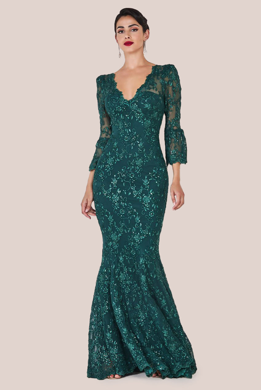 Scalloped Lace Maxi Dress - Emerald Green DR3897