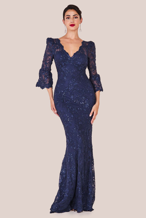 Scalloped Lace Maxi Dress - Navy DR3897