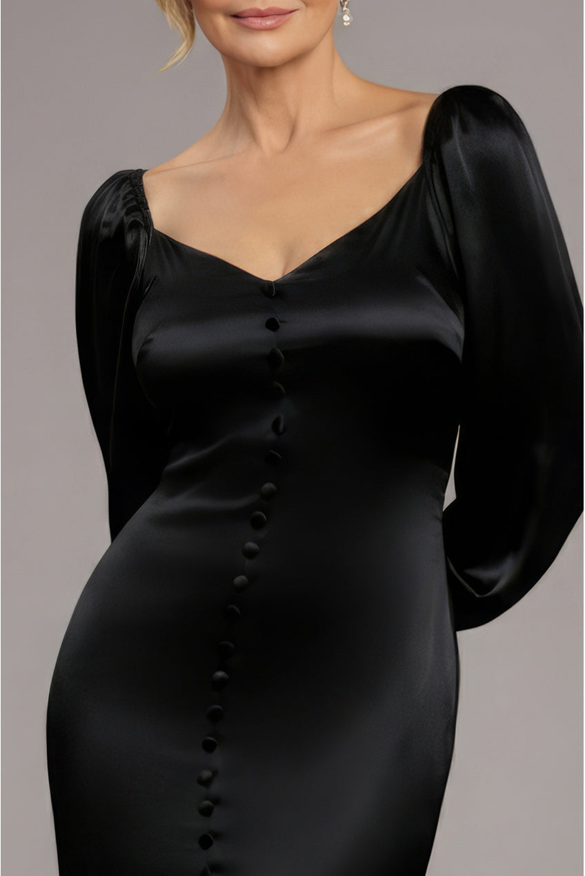 Satin Viscose Front Buttoned Dipped Hem Midaxi Dress - Black DR3899M