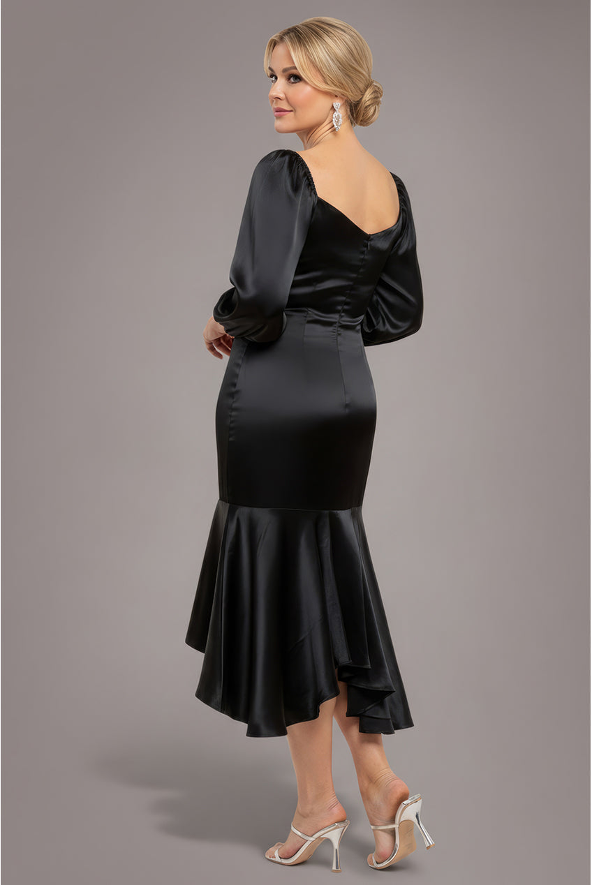 Satin Viscose Front Buttoned Dipped Hem Midaxi Dress - Black DR3899M