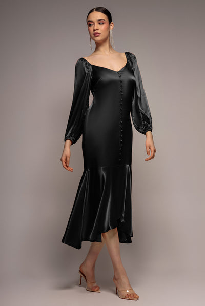 Black - Satin Viscose Front Buttoned Dipped Hem Midaxi Dress - Black by Goddiva