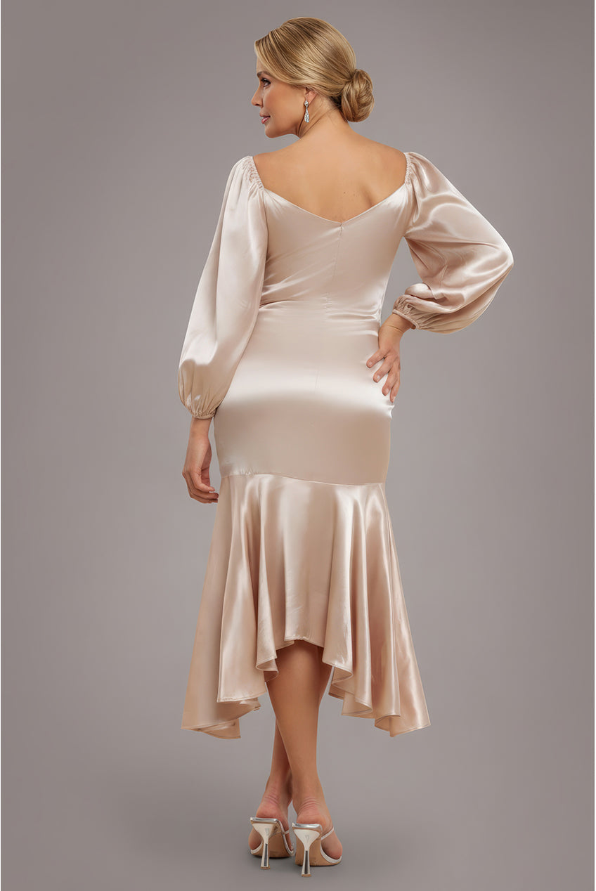 Satin Viscose Front Buttoned Dipped Hem Midaxi Dress - Champagne DR3899M