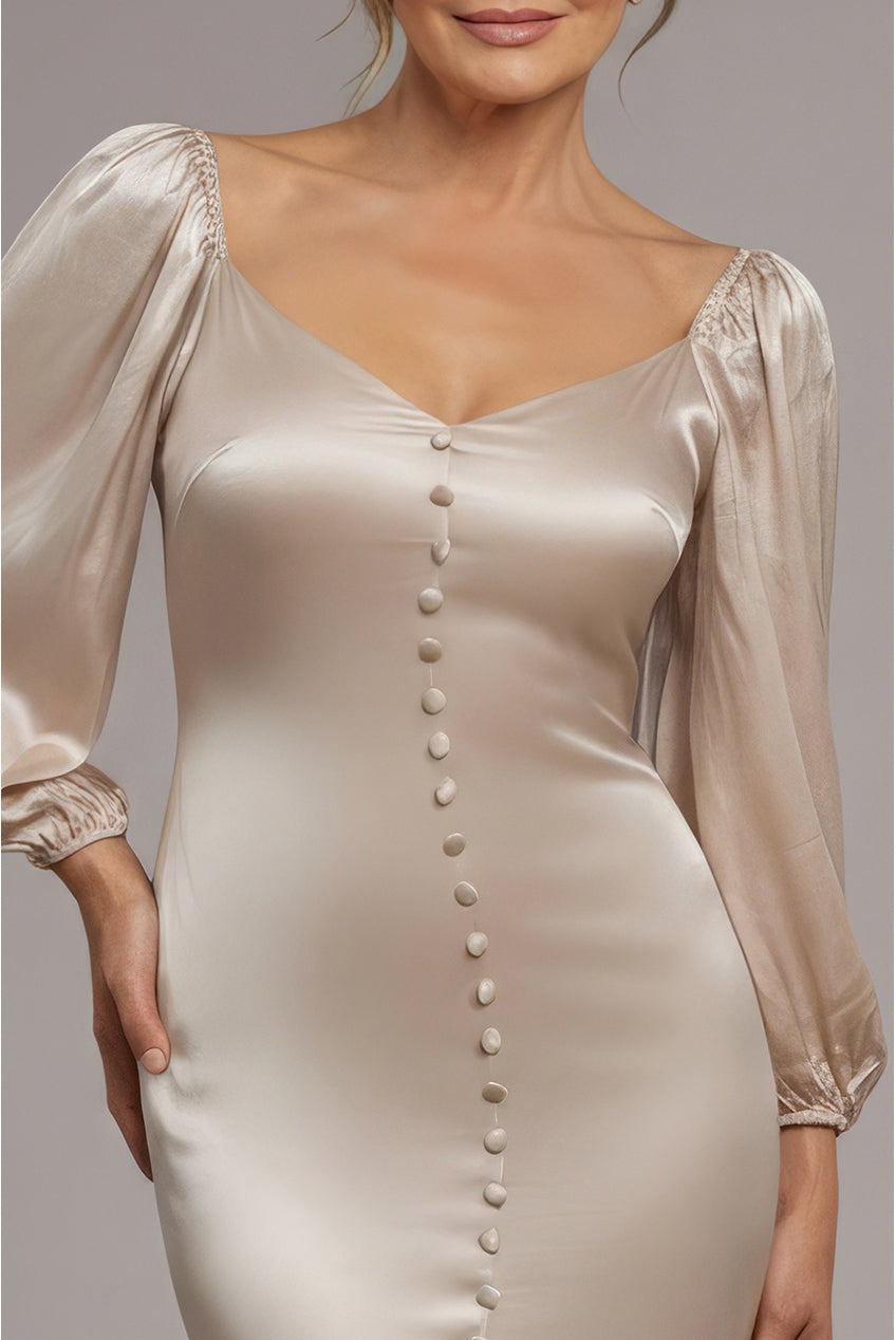Satin Viscose Front Buttoned Dipped Hem Midaxi Dress - Champagne DR3899M