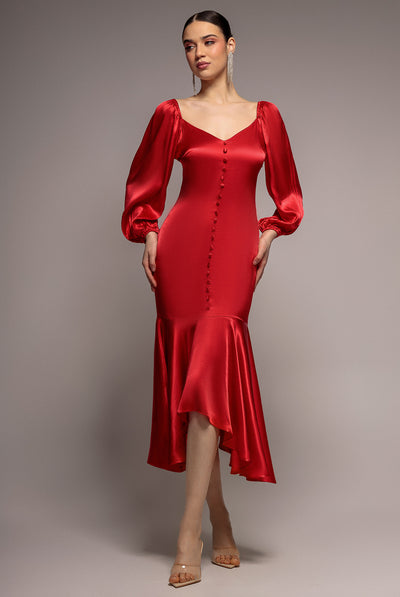 Red - Satin Viscose Front Buttoned Dipped Hem Midaxi Dress - Red by Goddiva