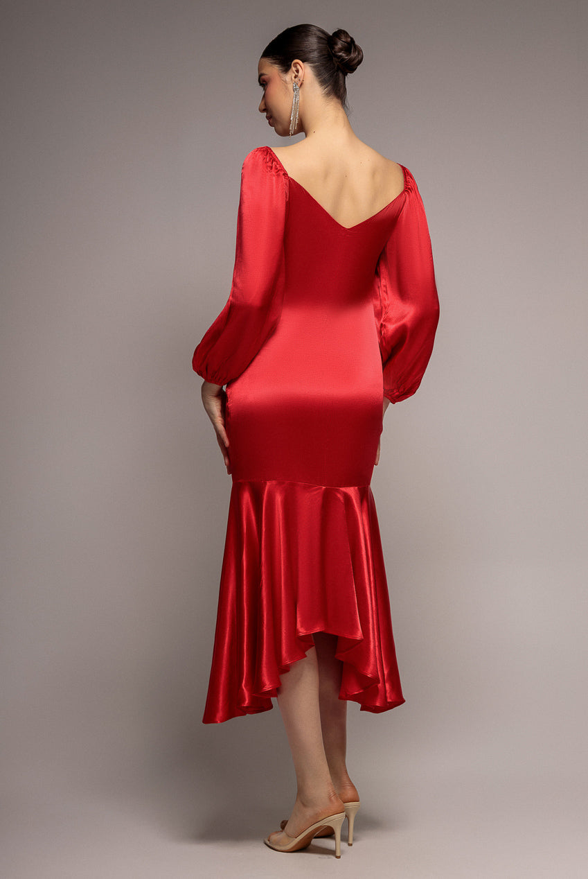 Satin Viscose Front Buttoned Dipped Hem Midaxi Dress - Red DR3899