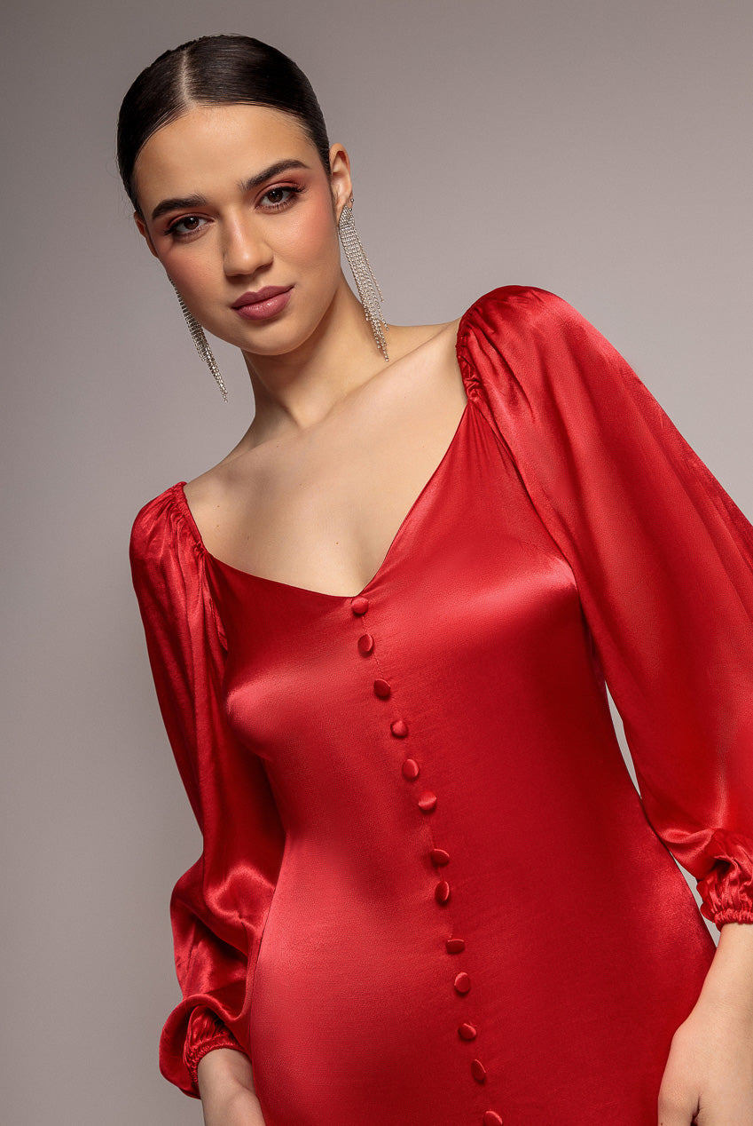 Satin Viscose Front Buttoned Dipped Hem Midaxi Dress - Red DR3899