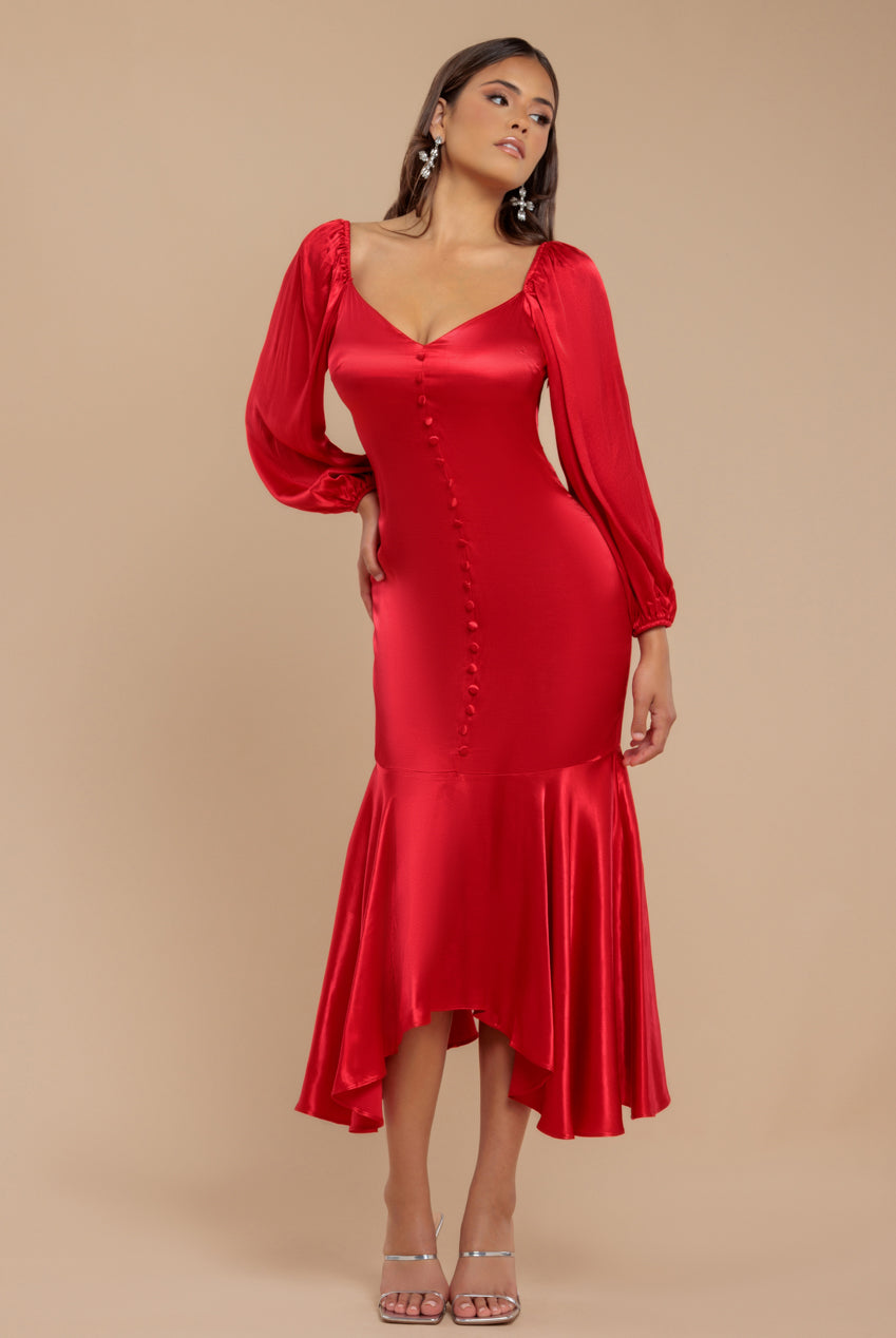 Satin Viscose Front Buttoned Dipped Hem Midaxi Dress - Red DR3899