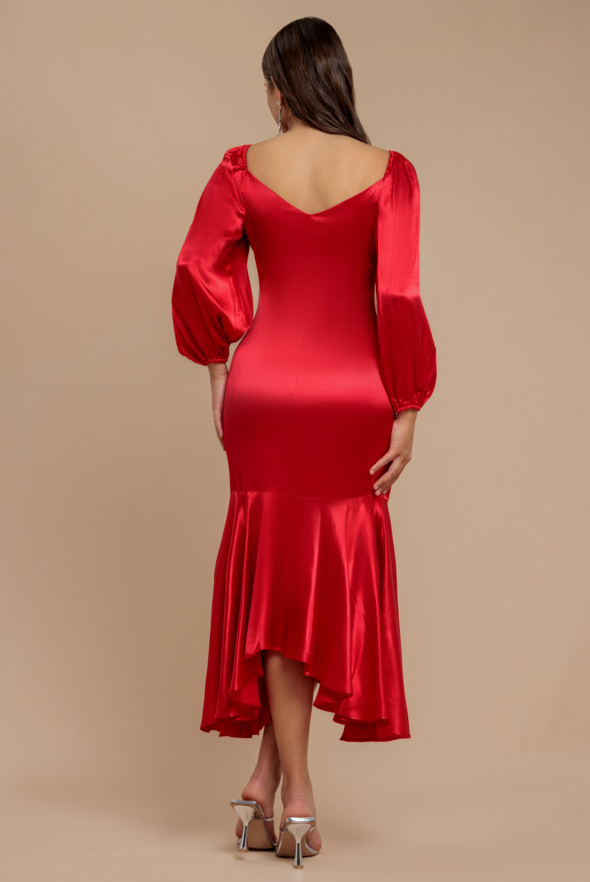 Satin Viscose Front Buttoned Dipped Hem Midaxi Dress - Red DR3899