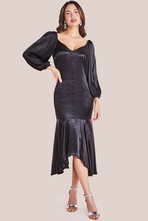 Satin Viscose Front Buttoned Dipped Hem Midaxi Dress - Black DR3899