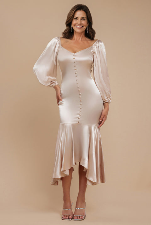 Satin Viscose Front Buttoned Dipped Hem Midaxi Dress - Champagne by Goddiva