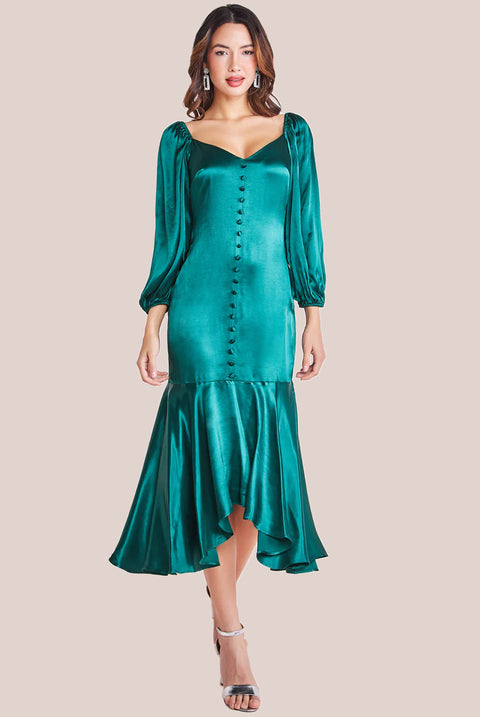 Satin Viscose Front Buttoned Dipped Hem Midaxi Dress - Emerald DR3899