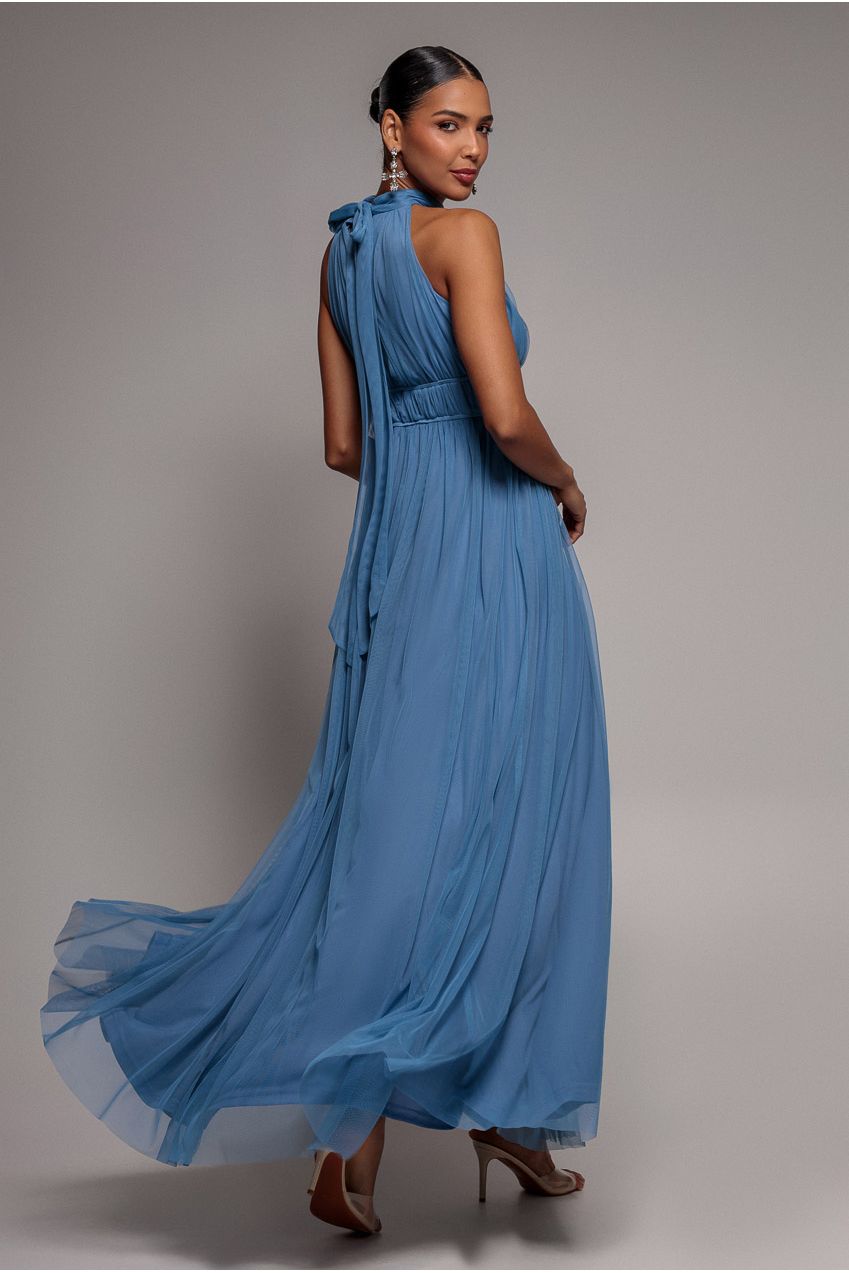 Halter Neck Mesh Tie Maxi Dress - Dusty Blue DR3904