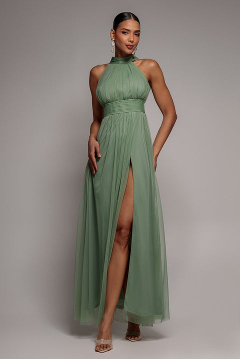 Halter Neck Mesh Tie Maxi Dress - Dusty Sage by Goddiva