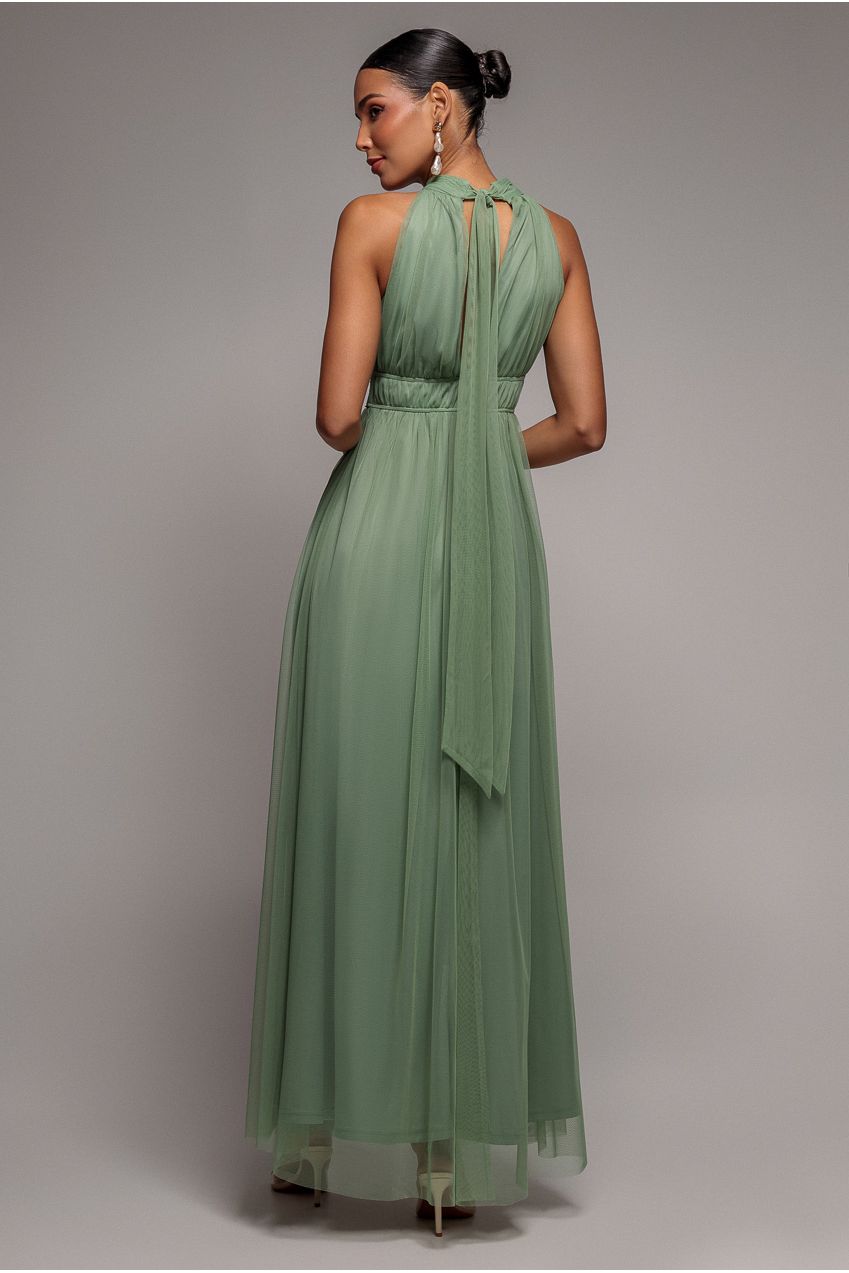 Halter Neck Mesh Tie Maxi Dress - Dusty Sage DR3904