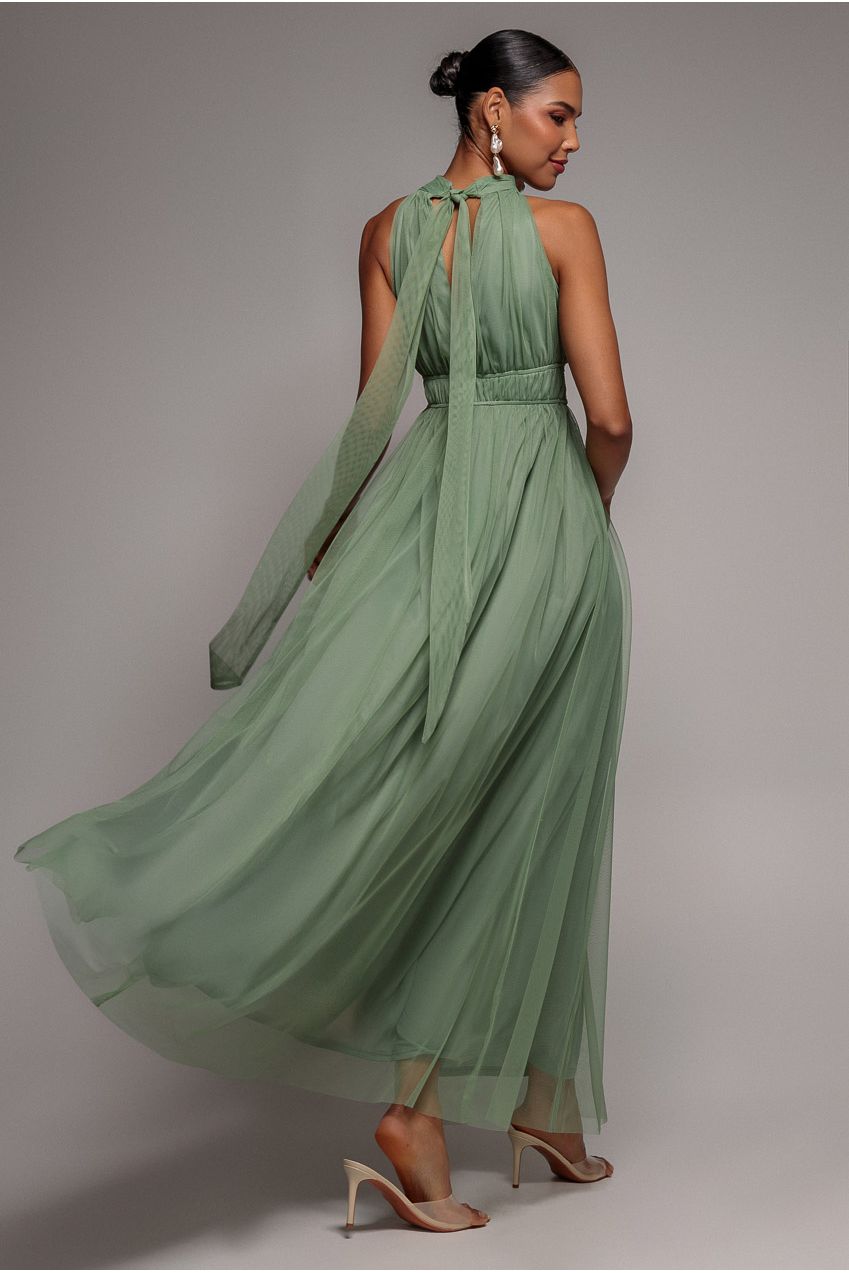Halter Neck Mesh Tie Maxi Dress - Dusty Sage DR3904