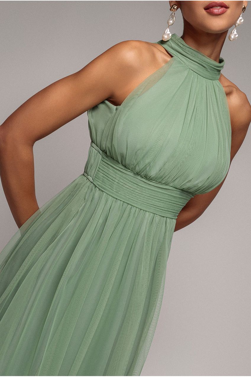 Halter Neck Mesh Tie Maxi Dress - Dusty Sage DR3904