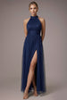 Halter Neck Mesh Tie Maxi Dress - Navy Blue by Goddiva
