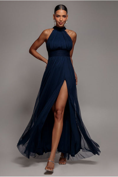 Halter Neck Mesh Tie Maxi Dress - Navy Blue by Goddiva