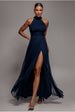 Halter Neck Mesh Tie Maxi Dress - Navy Blue by Goddiva