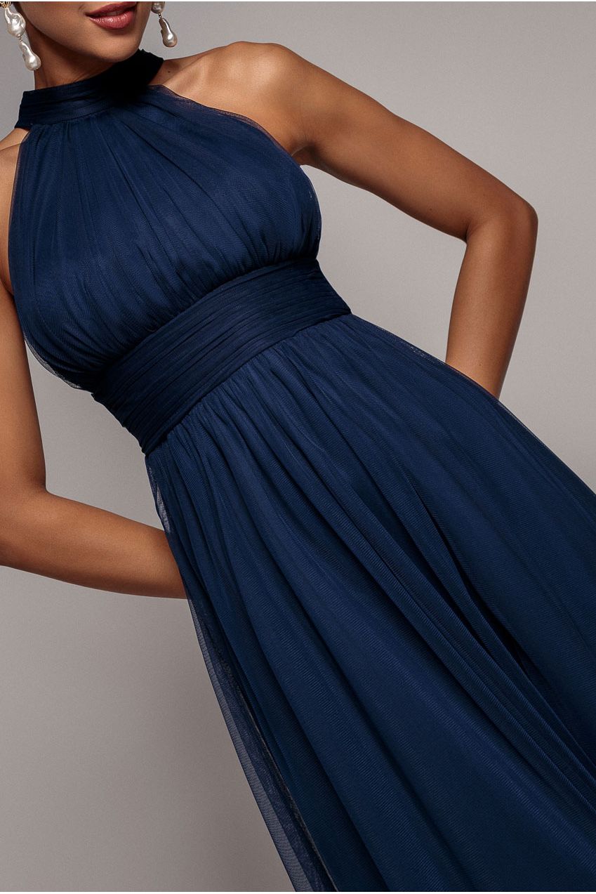 Halter Neck Mesh Tie Maxi Dress - Navy Blue DR3904