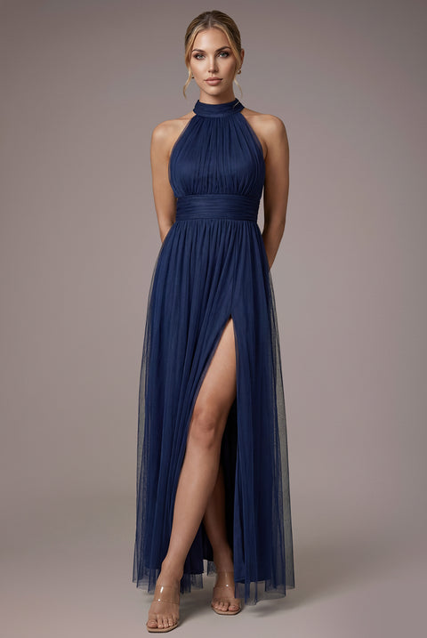 Halter Neck Mesh Tie Maxi Dress - Navy Blue by Goddiva