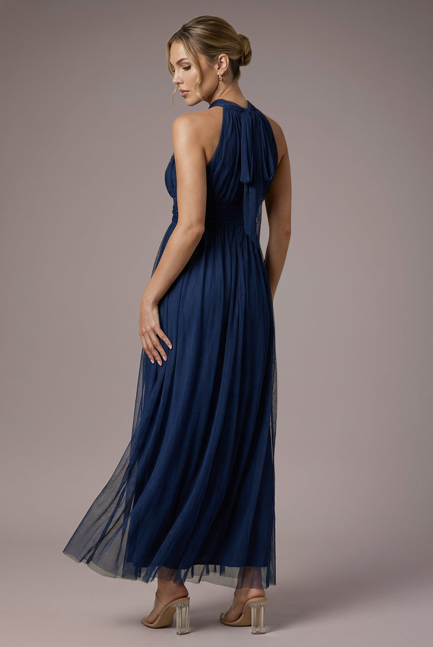 Halter Neck Mesh Tie Maxi Dress - Navy Blue DR3904