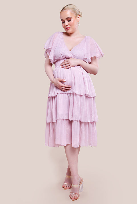 Maternity Plain Lurex Chiffon Tiered Midi Dress - Pink DR3905MAT