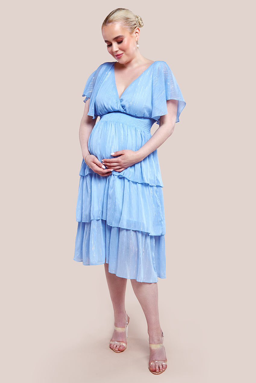 Maternity Plain Lurex Chiffon Tiered Midi Dress - Light Blue DR3905MAT