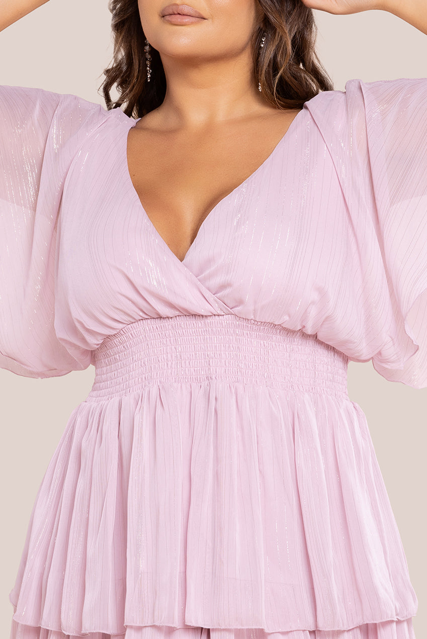 Plain Lurex Chiffon Tiered Midi Dress - Blush Pink DR3905P