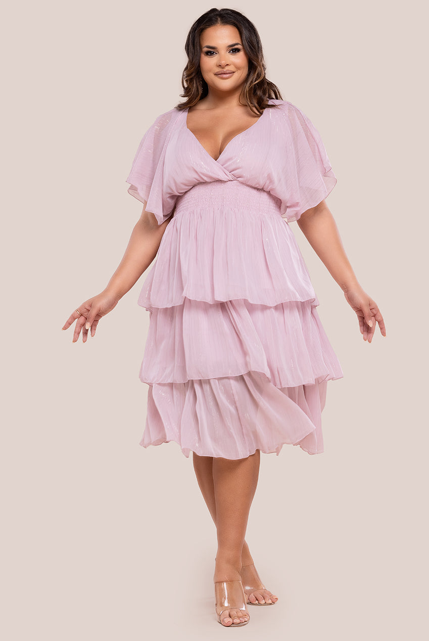 Plain Lurex Chiffon Tiered Midi Dress - Blush Pink DR3905P