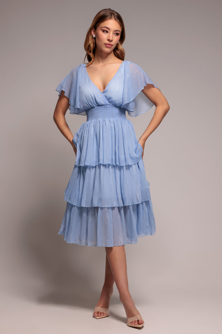 Plain Lurex Chiffon Tiered Dress - Light Blue | Goddiva Plain Lurex Chiffon Tiered Dress - Light Blue | Goddiva