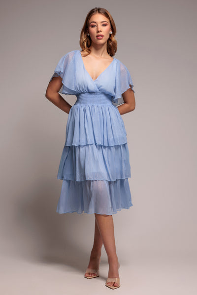 Plain Lurex Chiffon Tiered Dress - Light Blue by Goddiva