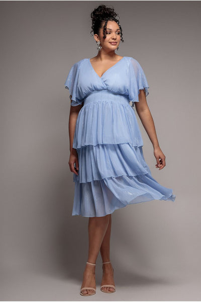Plain Lurex Chiffon Tiered Midi Dress - Light Blue by Goddiva Plus