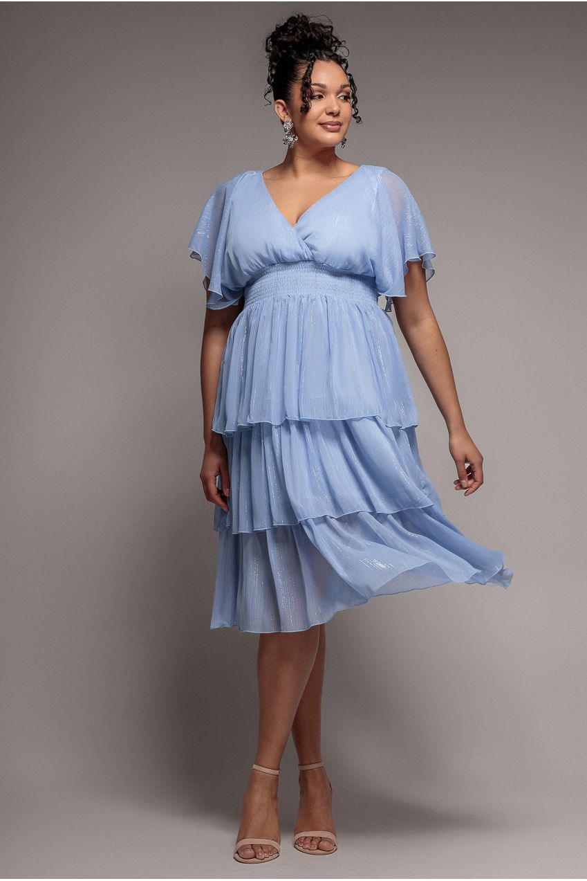Plain Lurex Chiffon Tiered Midi Dress - Light Blue DR3905P