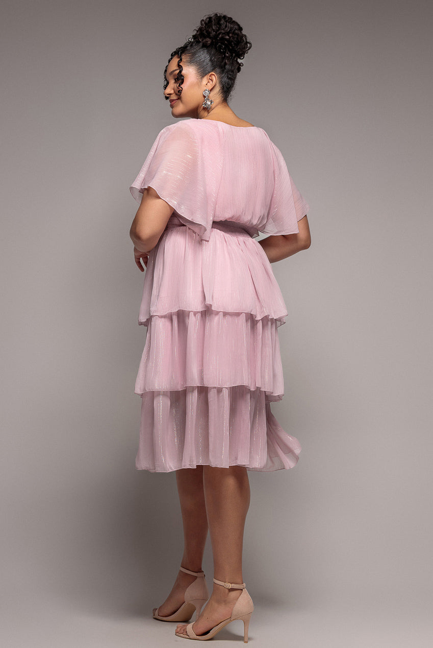 Plain Lurex Chiffon Tiered Midi Dress - Blush Pink DR3905P