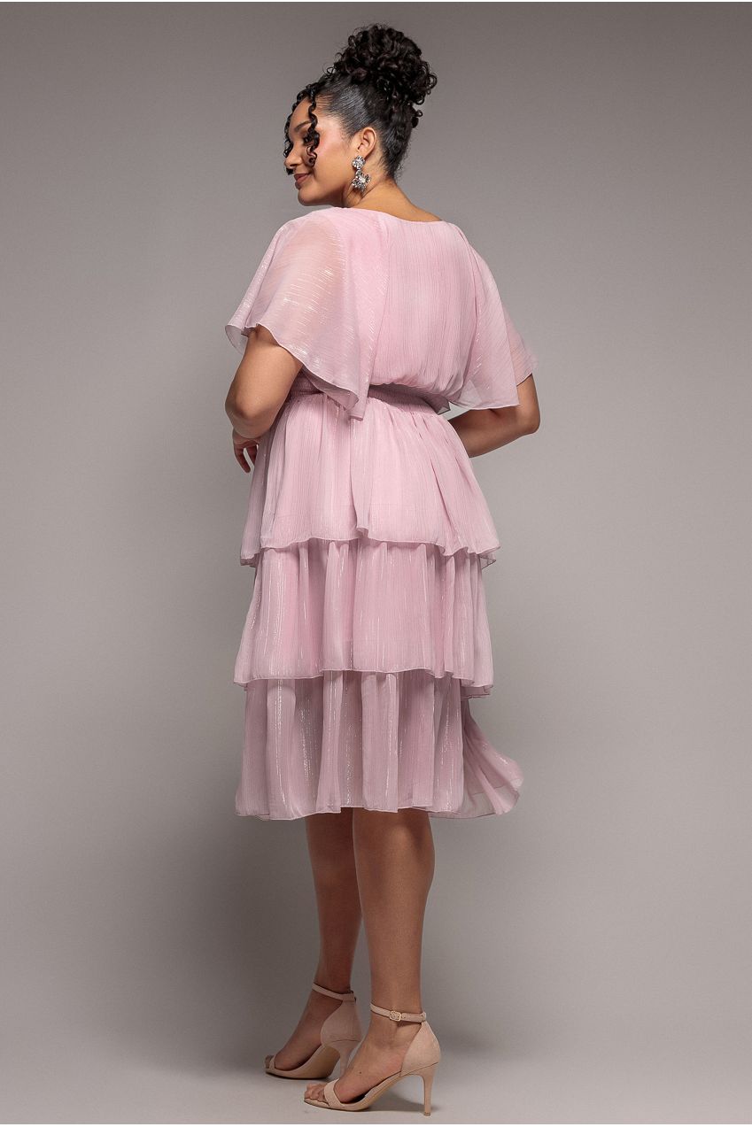Plain Lurex Chiffon Tiered Midi Dress - Blush Pink DR3905P