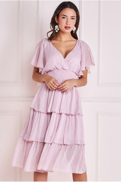 Pink - Plain Lurex Chiffon Tiered Dress - Pink by Goddiva