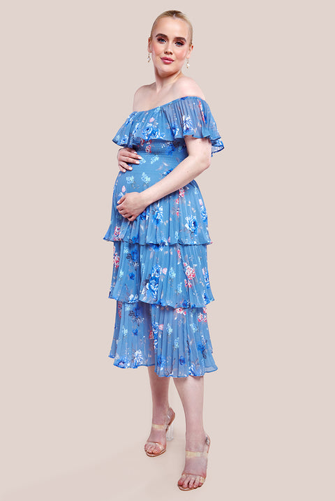 Maternity Pleated Bodice Chiffon Tiered Midi Dress - Blue DR3908MAT