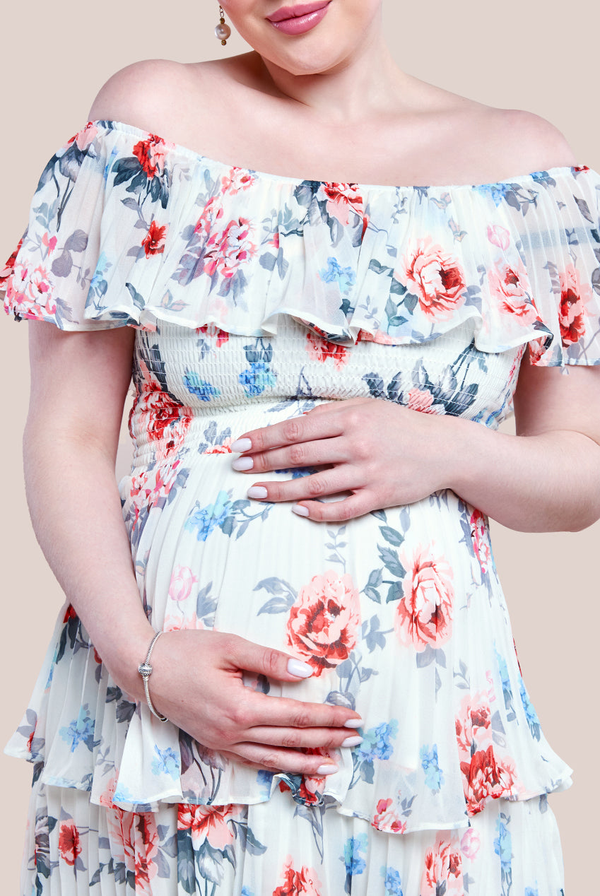Maternity Pleated Bodice Chiffon Tiered Midi Dress - Cream DR3908MAT
